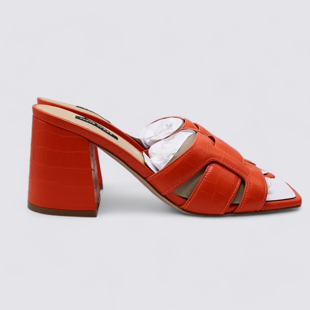 Nine West Kaelyn Square Toe Slip On Block Hill Leather Dress Sandals Size 9.5M